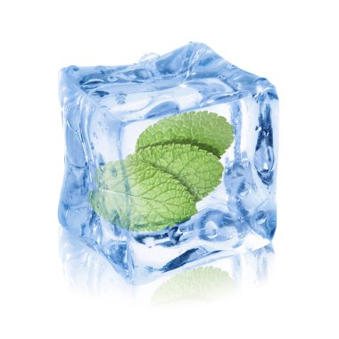 Beyaz zemin üzerinde temiz buz küpünün içindeki taze nane yaprakları