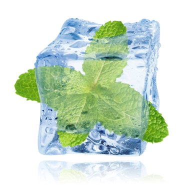 Beyaz zemin üzerinde temiz buz küpünün içindeki taze nane yaprakları