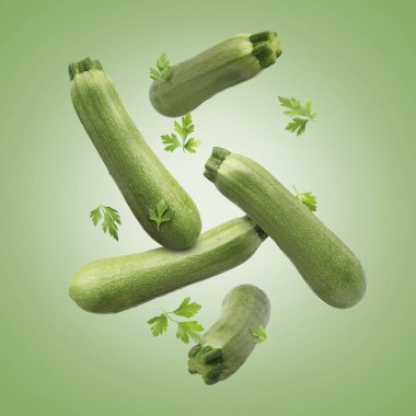 Yeşil arkaplana düşen taze kabaklar ve maydanozlar.