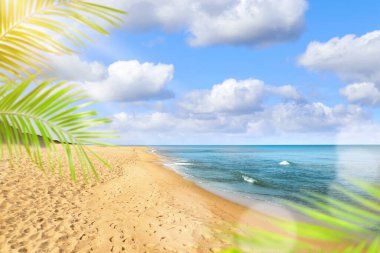 Tropikal sahilde güneş palmiye yapraklarının arasından parlıyor. Deniz dalgaları altın kumda yuvarlanıyor