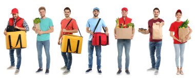 Yiyecek dağıtım işçileri beyazlara izole edilmiş, portre kolajı...