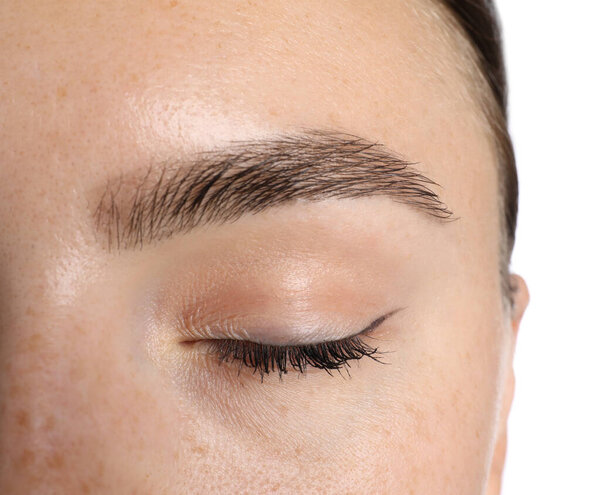 Woman before cosmetic procedure on white background, closeup