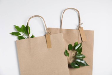 Çevre dostu ambalaj. Kağıt torbalar ve yapraklar beyaz arka planda, düz yatıyordu