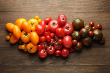 Many different ripe tomatoes on wooden table, flat lay