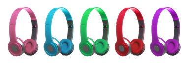 Beyaz arkaplanda farklı renklerde modern kulaklıklar, set