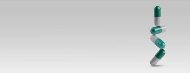 Açık gri arka plana haplar düşüyor. Metin için alanı olan pankart tasarımı