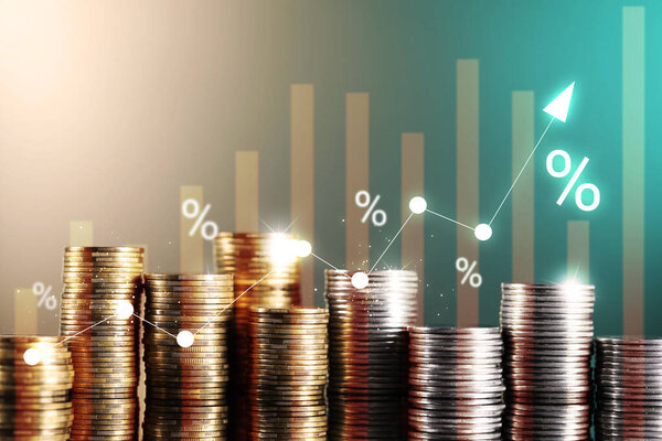 Percent signs and arrow above stacked coins against color gradient background