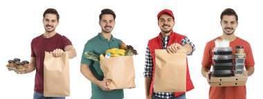 Yiyecek dağıtım işçisi beyaza izole edilmiş, portre kolajı...