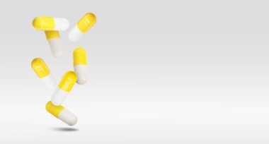 Açık gri gradyan zemine haplar düşüyor. Metin için alanı olan pankart tasarımı