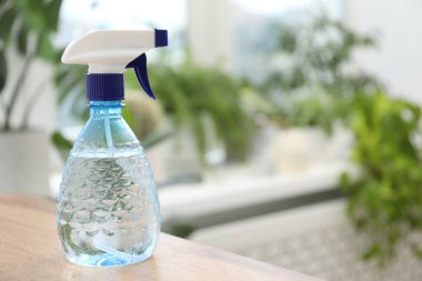 Çiçek bakımı. İçerideki ahşap masada sprey boya şişesi, yakın plan. Metin için boşluk