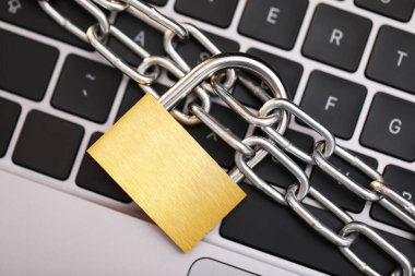 Siber güvenlik. Dizüstü bilgisayarı ve üst görüşü olan metal asma kilit.