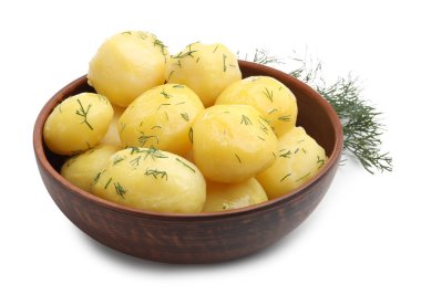 Lezzetli, taze haşlanmış patates, dereotlu ve yağlı, beyaz tencerede izole.