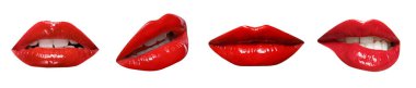 Kırmızı rujlu kadın dudakları beyaza izole edilmiş, kolaj