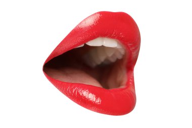 Beyaz üzerinde kırmızı ruj olan kadın dudakları.