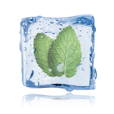 Beyaz zemin üzerinde temiz buz küpünün içindeki taze nane yaprakları