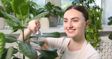 Genç bir kadın, güzel çiçekleri kapalı alandaki şişelerden su püskürtüyor.