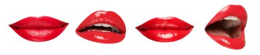 Kırmızı rujlu kadın dudakları beyaza izole edilmiş, kolaj