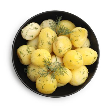 Lezzetli, taze haşlanmış patatesler ve dereotlu kase.