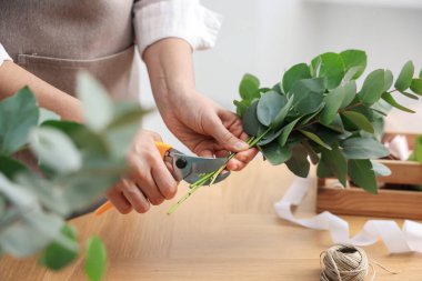 Çiçekçinin ahşap masasında okaliptüs dallarından güzel bir buket yapıyor.