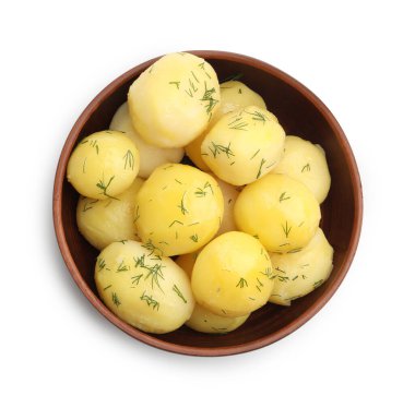 Lezzetli, taze haşlanmış patatesler ve dereotlu kase.