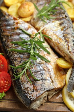 Baharatlı ve sebzeli kızarmış uskumrular, yakın plan. Ev yapımı deniz ürünleri yemeği.