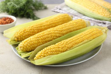 Lezzetli haşlanmış mısır koçanları ışık masasında, yakın plan.