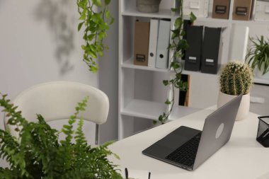 Ofisinde dizüstü bilgisayarı, kırtasiyesi ve çiçek dekoru olan şık bir iş yeri. Biyofilik iç tasarım