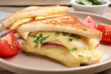 Eritilmiş peynirli, jambonlu ve domatesli lezzetli sandviçler, yakın plan.