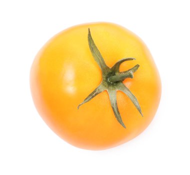 Bir olgun sarı domates, beyaza izole edilmiş, üst manzara.