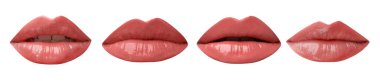 Beyaz arka planda mercan rujlu kadın dudakları, kolaj.