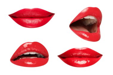 Kırmızı rujlu kadın dudakları beyaza izole edilmiş, kolaj