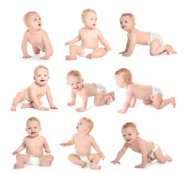 Beyaz arka planda şirin bir bebek, kolaj.