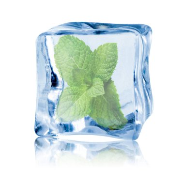 Beyaz zemin üzerinde temiz buz küpünün içindeki taze nane yaprakları
