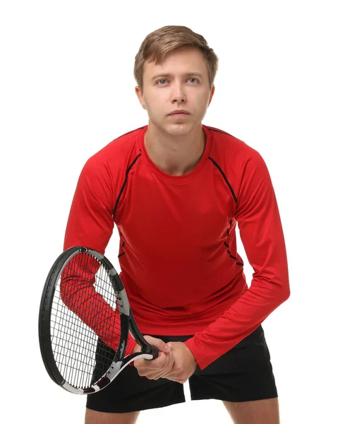 Beyaz arka planda tenis raketi olan bir adam.