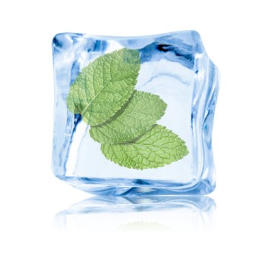 Beyaz zemin üzerinde temiz buz küpünün içindeki taze nane yaprakları