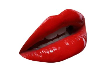 Beyaz üzerinde kırmızı ruj olan kadın dudakları.