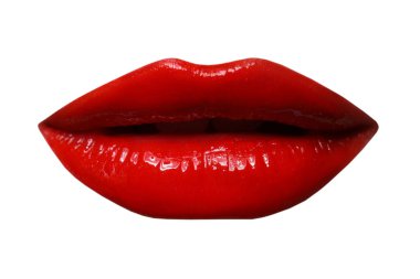 Beyaz üzerinde kırmızı ruj olan kadın dudakları.