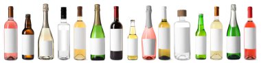 Boş etiketli şişeler beyaza izole edilmiş, set. Alkolik içecekler