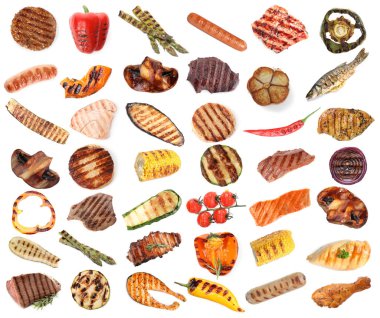 Izgara sebze, balık ve et beyaza izole edilmiş, kolaj