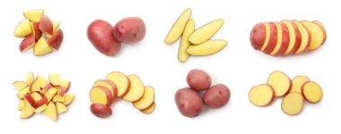 Beyaza izole edilmiş çiğ kırmızı patates, kolaj. Tam ve kesin.