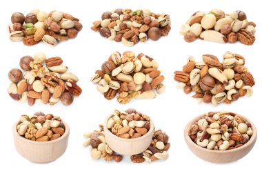 Beyaza izole edilmiş farklı fındıkların karışımı.