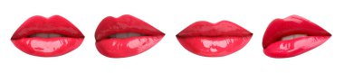 Kırmızı rujlu kadın dudakları beyaza izole edilmiş, kolaj