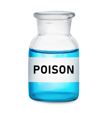 Cam şişedeki zehir etiketi mavi sıvıyla beyaz arka planda