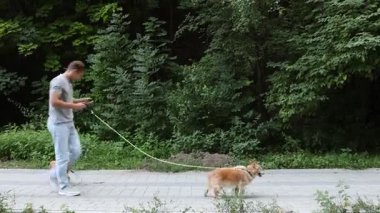 Genç adam dışarıda sevimli köpeklerini gezdiriyor.