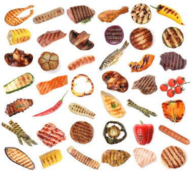 Izgara sebze, balık ve et beyaza izole edilmiş, kolaj