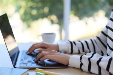 Masada dizüstü bilgisayarla çalışan kadın arka planı bulanık, yakın plan