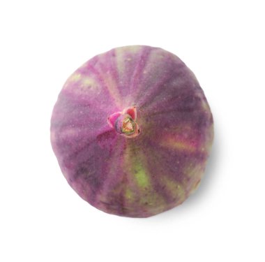 Bir tane olgun incir, beyaza izole edilmiş, üstten.