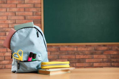 Açık mavi bir sırt çantası, farklı kırtasiye malzemeleri, kalem kutusu ve sınıfta masanın üzerinde kitap. Metin için boşluk