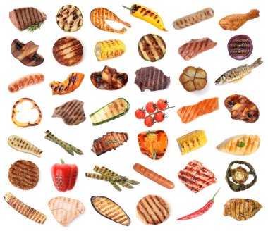 Izgara sebze, balık ve et beyaza izole edilmiş, kolaj