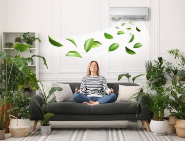Evdeki saksı bitkileriyle çevrili kanepede meditasyon yapan bir kadın. Klima odada rahat bir sıcaklık sağlıyor.